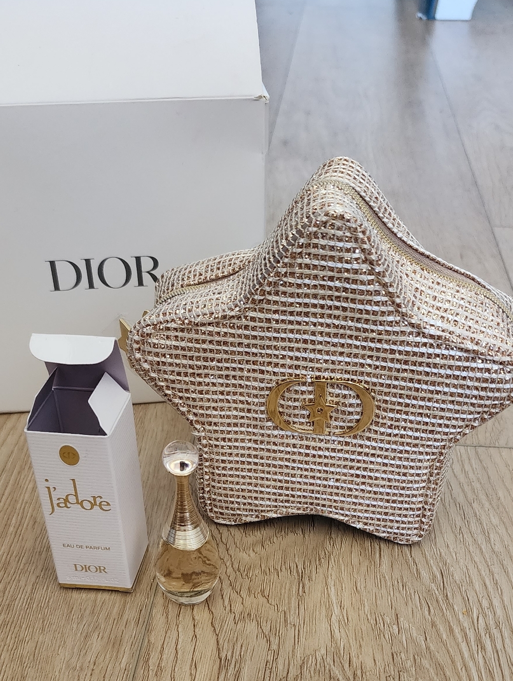 New CD Dior Star Clutch Makeup Gold Tone  Bag + Mini Edp Jadore Gift Set